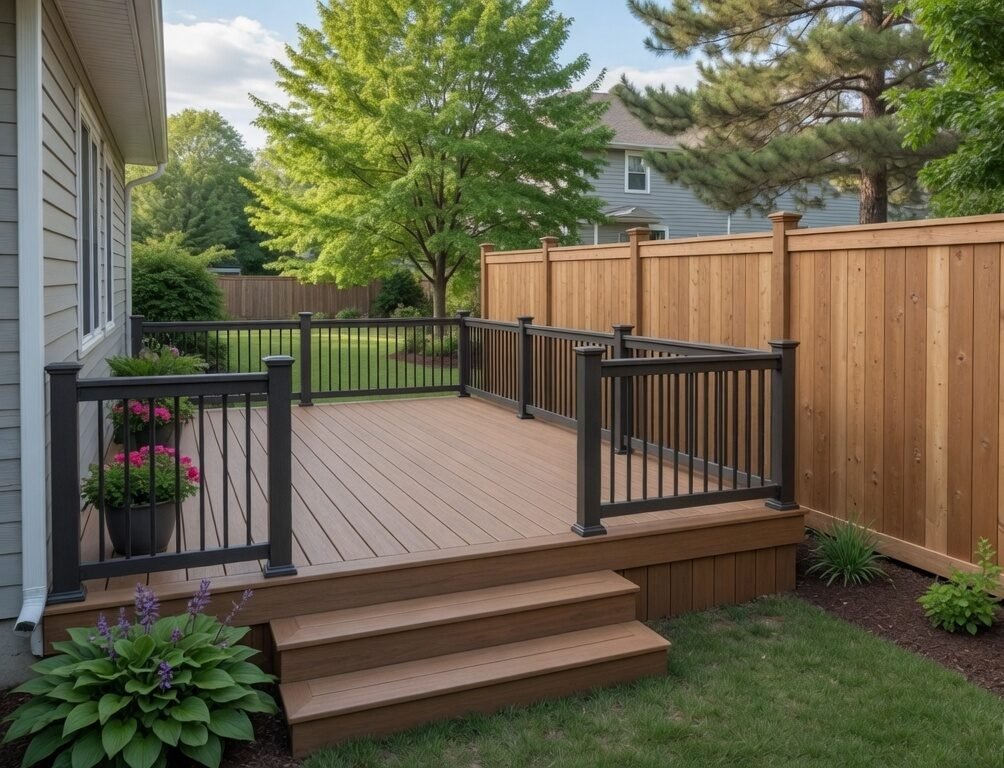 Composite backyard deck and privacy fencing built in Ontario