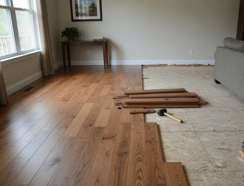 Engineered hardwood flooring installation with finished trim detail