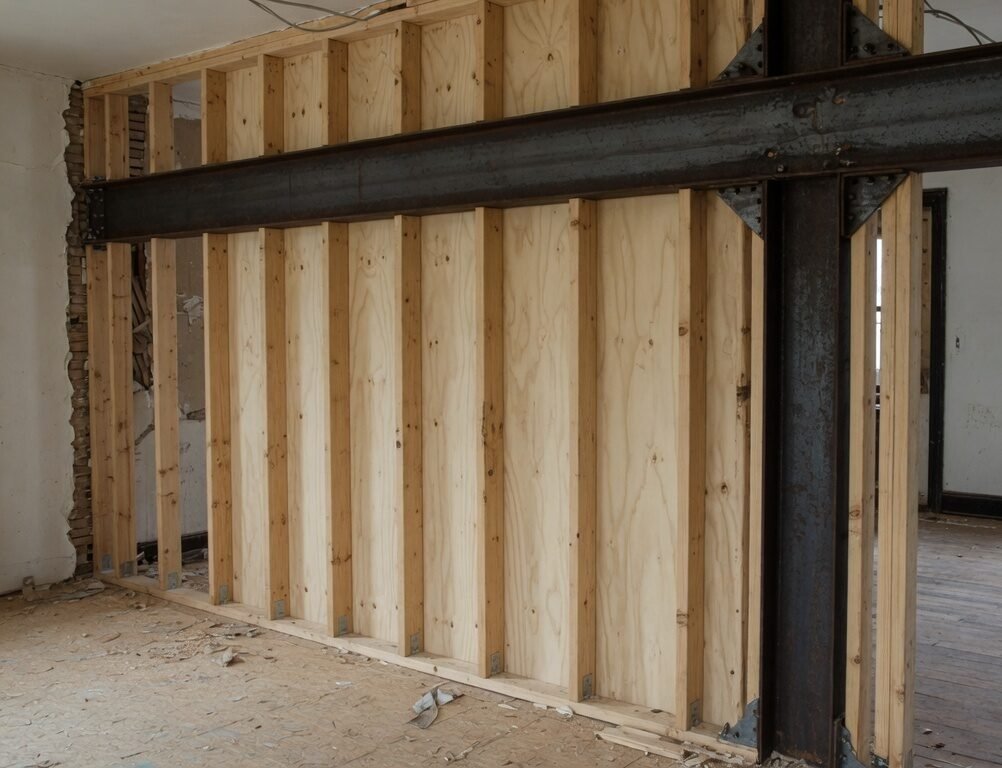 Timber wall framing and structural beam installation on a renovation site