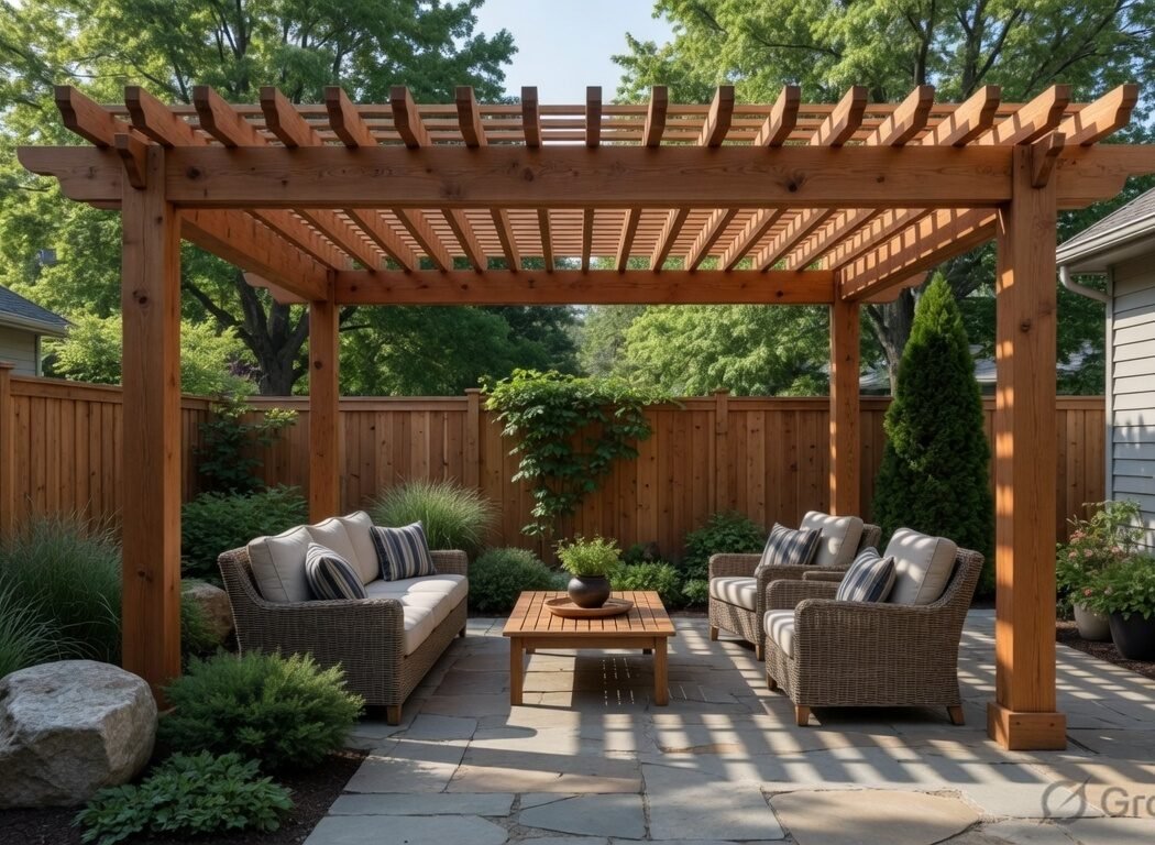 Cedar pergola and gazebo built over a backyard patio in Ontario