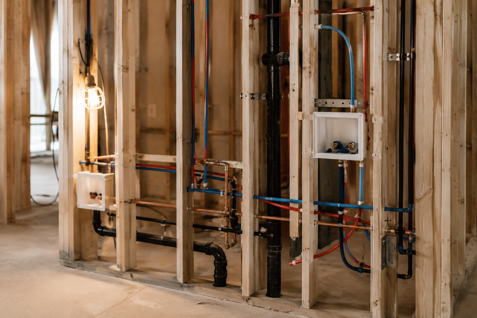 Plumbing rough-in with copper and PEX supply lines before drywall