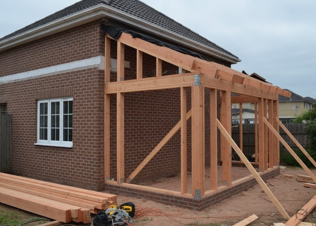 Rear home addition under construction on an Ontario property