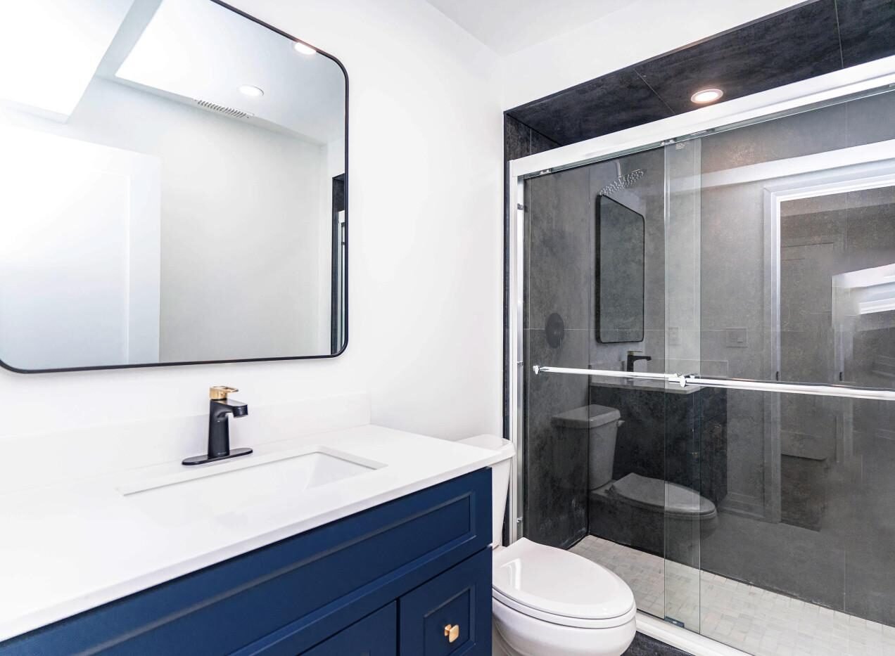 Modern bathroom renovation with tiled walk-in shower and vanity